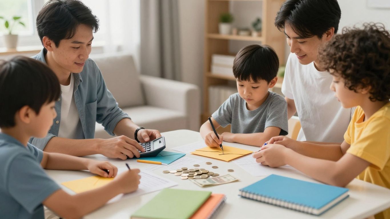 Familia planificando presupuesto mensual con calculadora