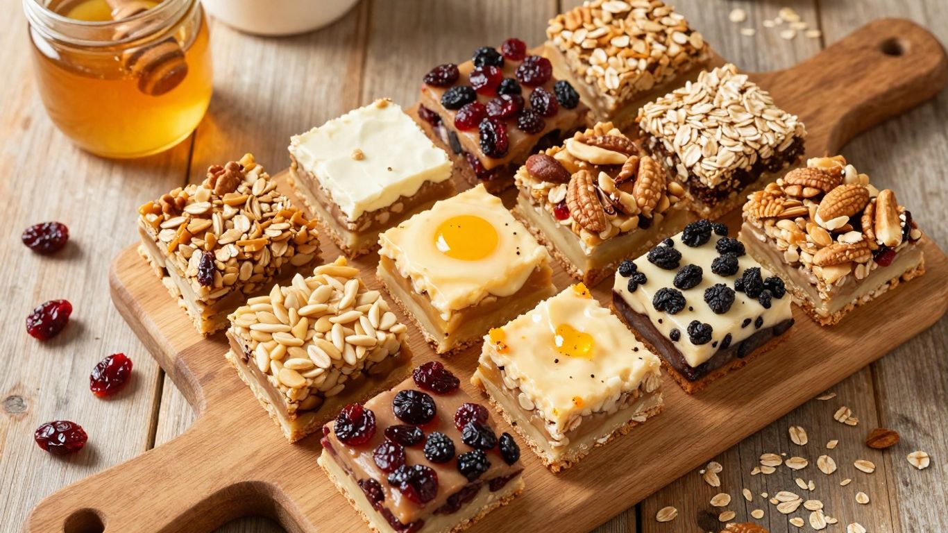 Healthy homemade breakfast bars with oats, nuts, and fruits.