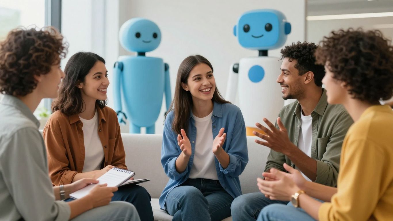 People and AI robots engaging in lively conversation together.