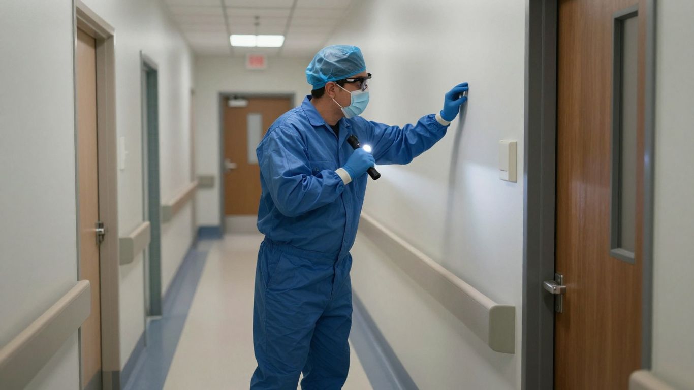 Pest control technician inspecting hospital hallway for pests.