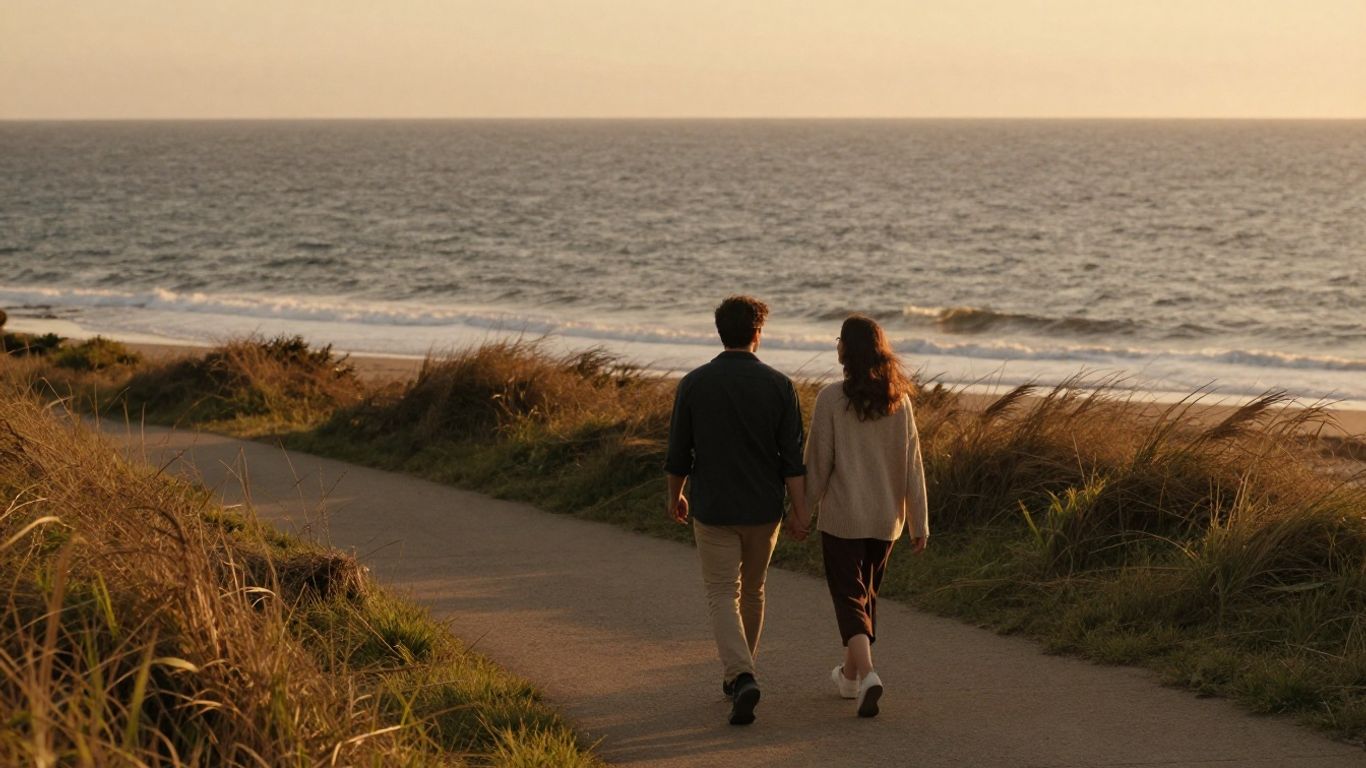 A couple walking beside a sunset coastline