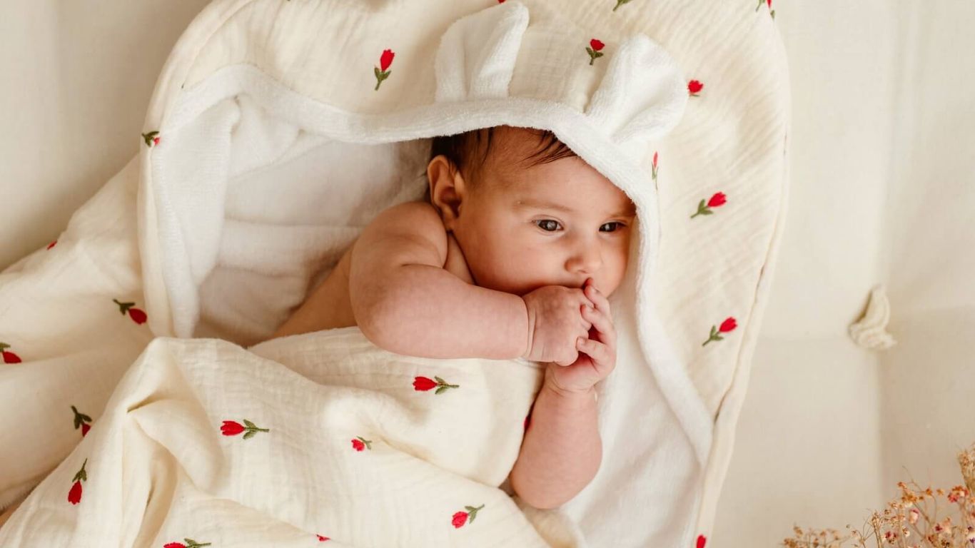 A baby wrapped in a floral blanket with bunny ears on the hood.