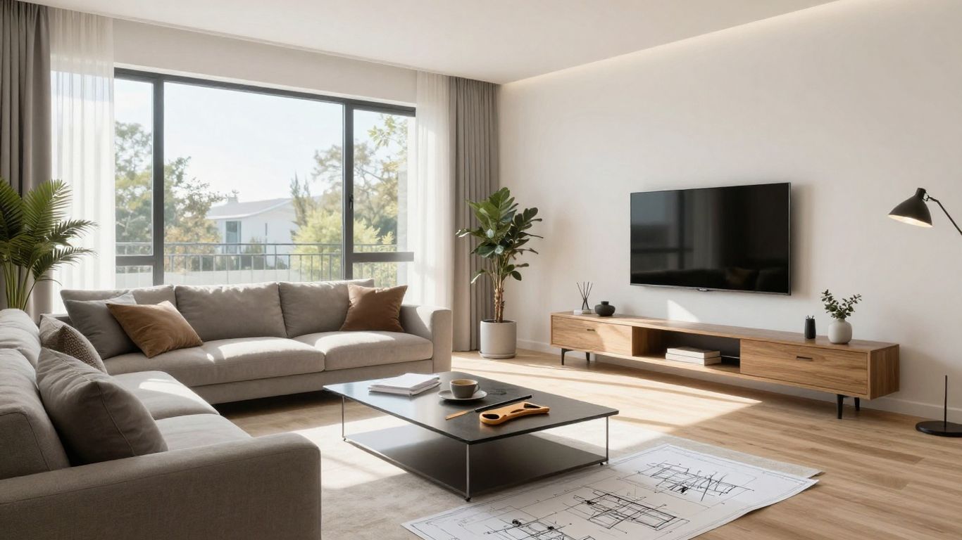 Architecte dessinant des plans dans un salon en rénovation.