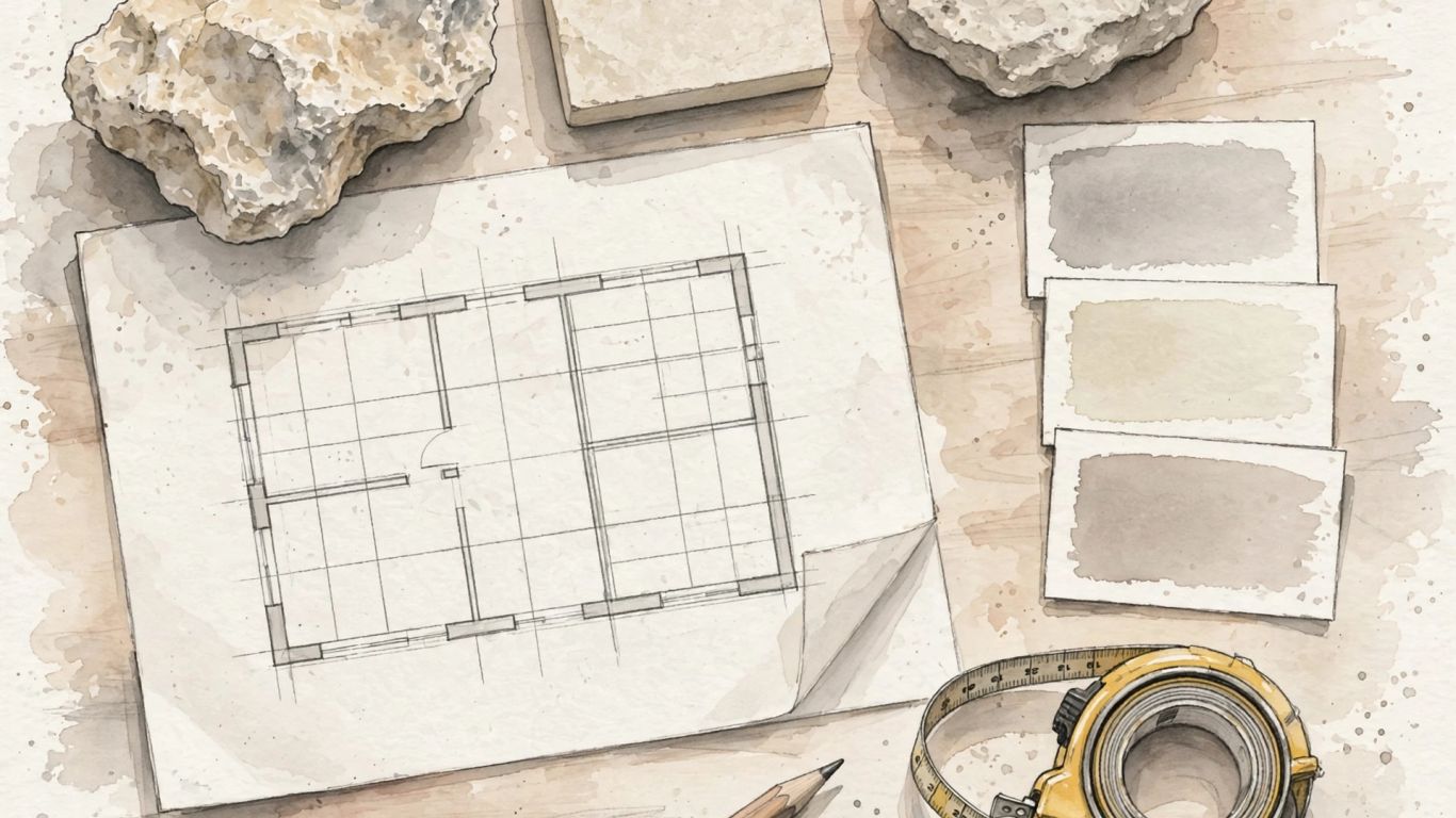 Limestone tile layout planning with samples