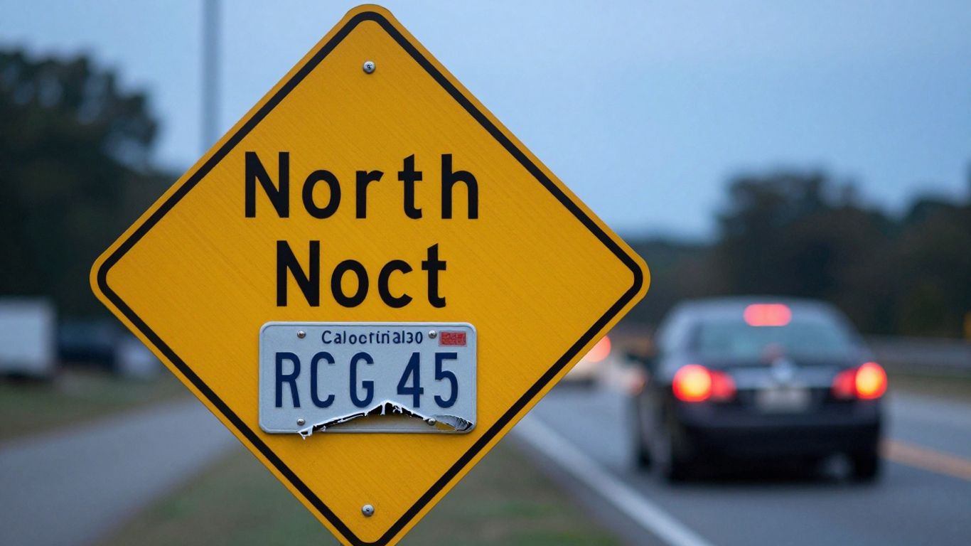Broken license plate on a highway signpost.