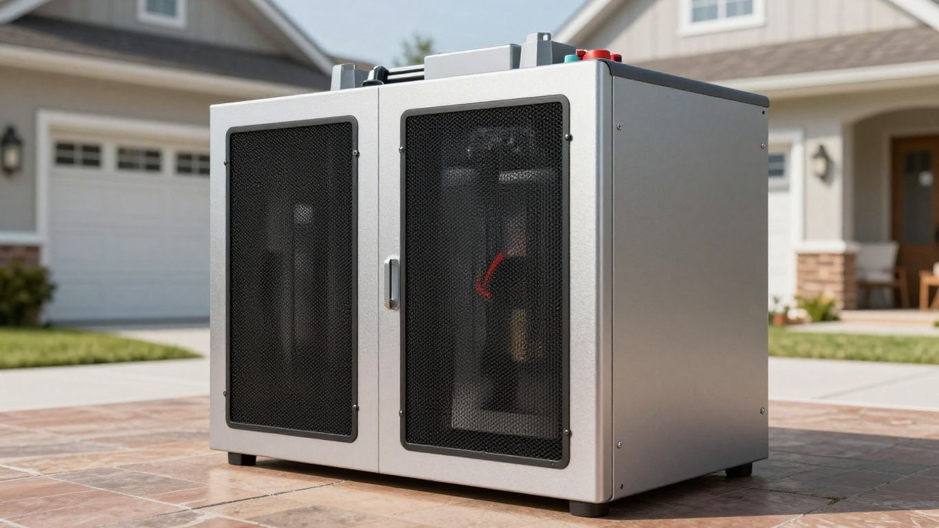 A close-up of a high-capacity home battery system showing a premium metallic, minimalist casing inside a modern garage.