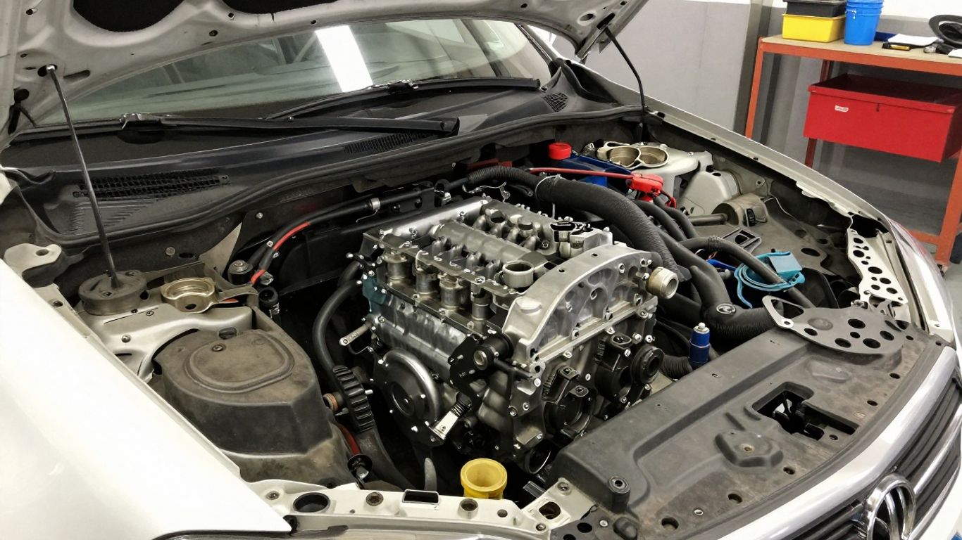 Mechanic examining an engine beside lifted vehicle