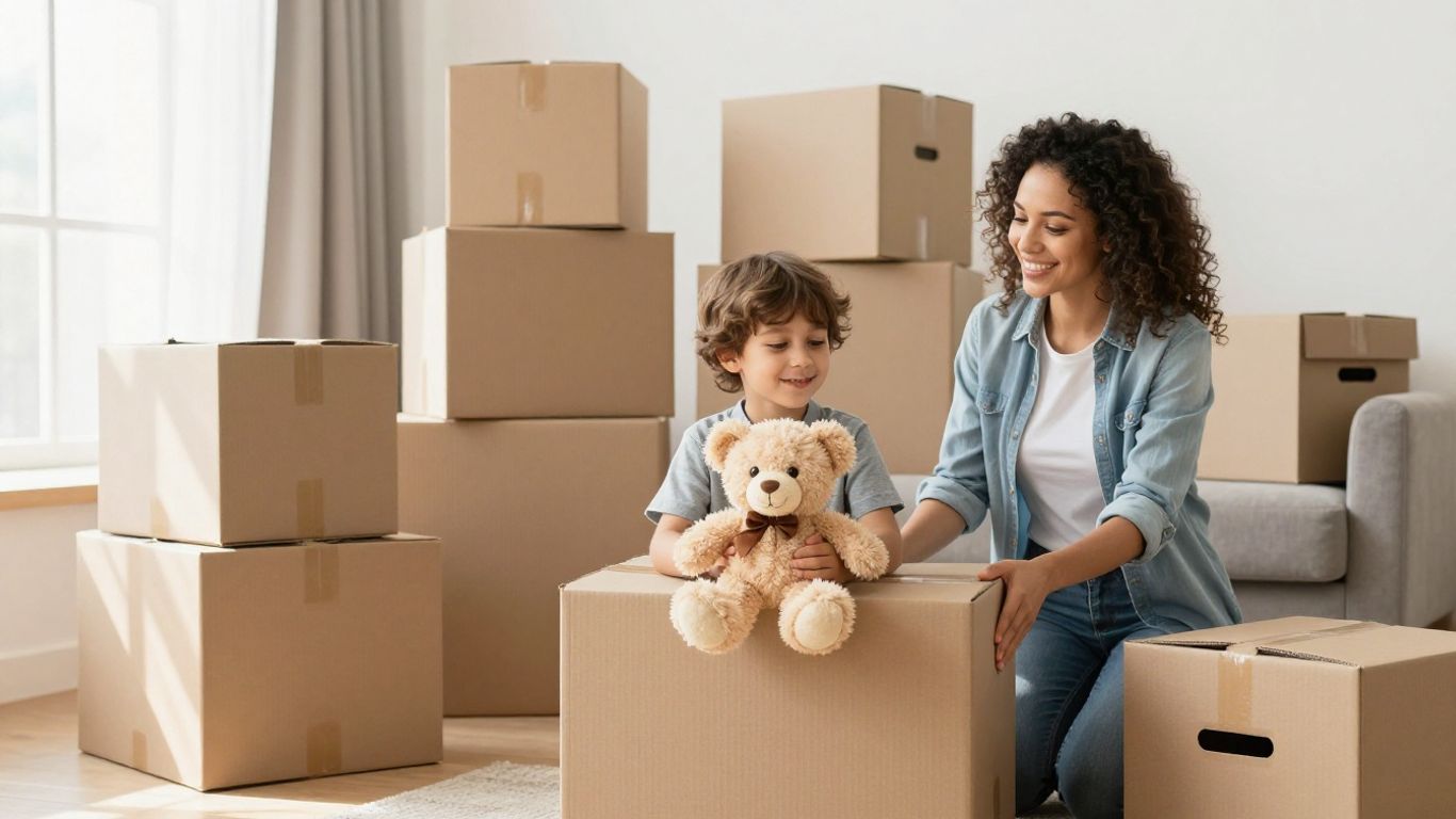 Family packing boxes for a move