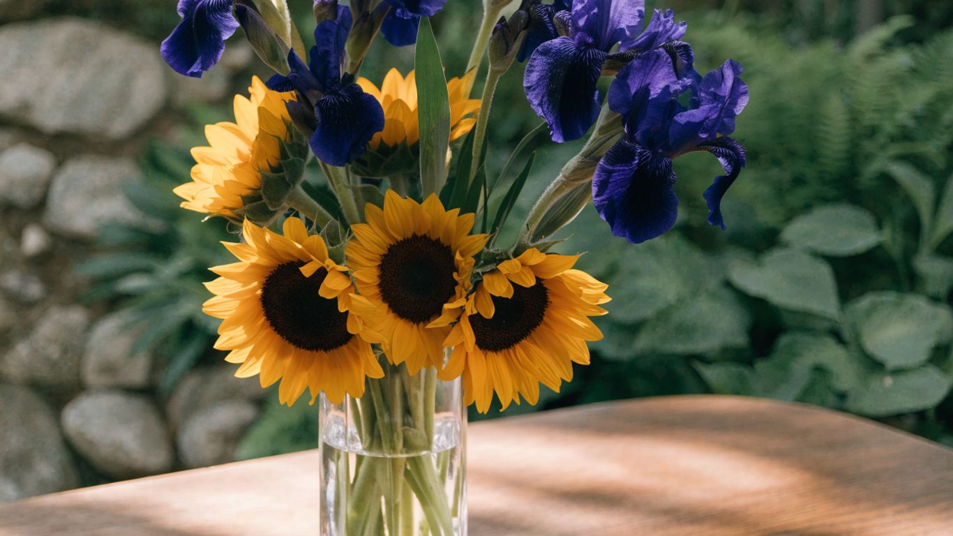 Sunflowers and irises arranged in a bright garden bouquet