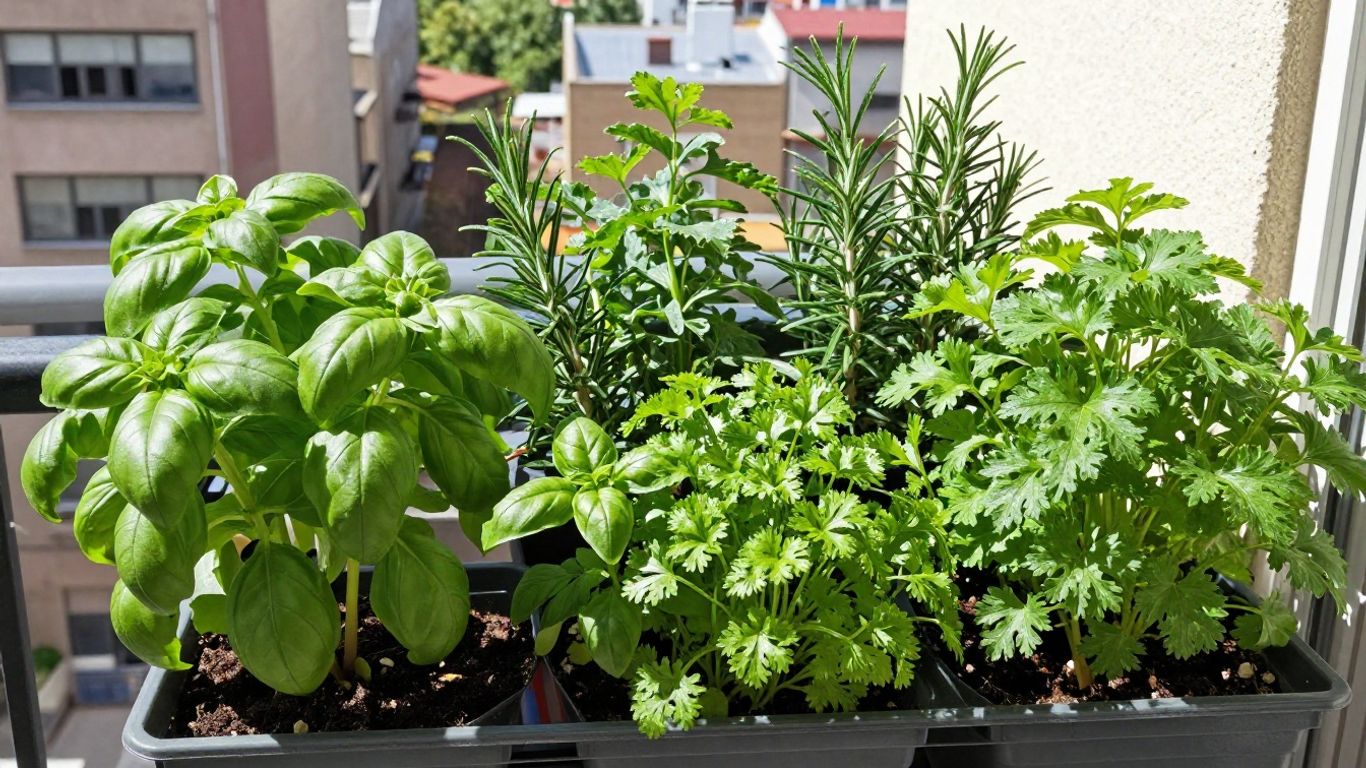 Frische Kräuter auf einem kleinen Balkon in voller Pracht.