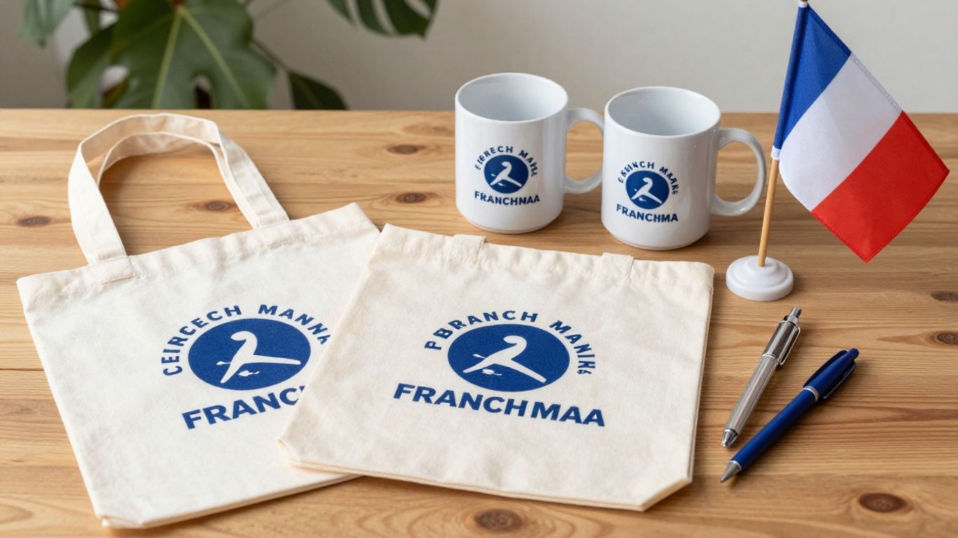 Objets publicitaires français sur une table en bois