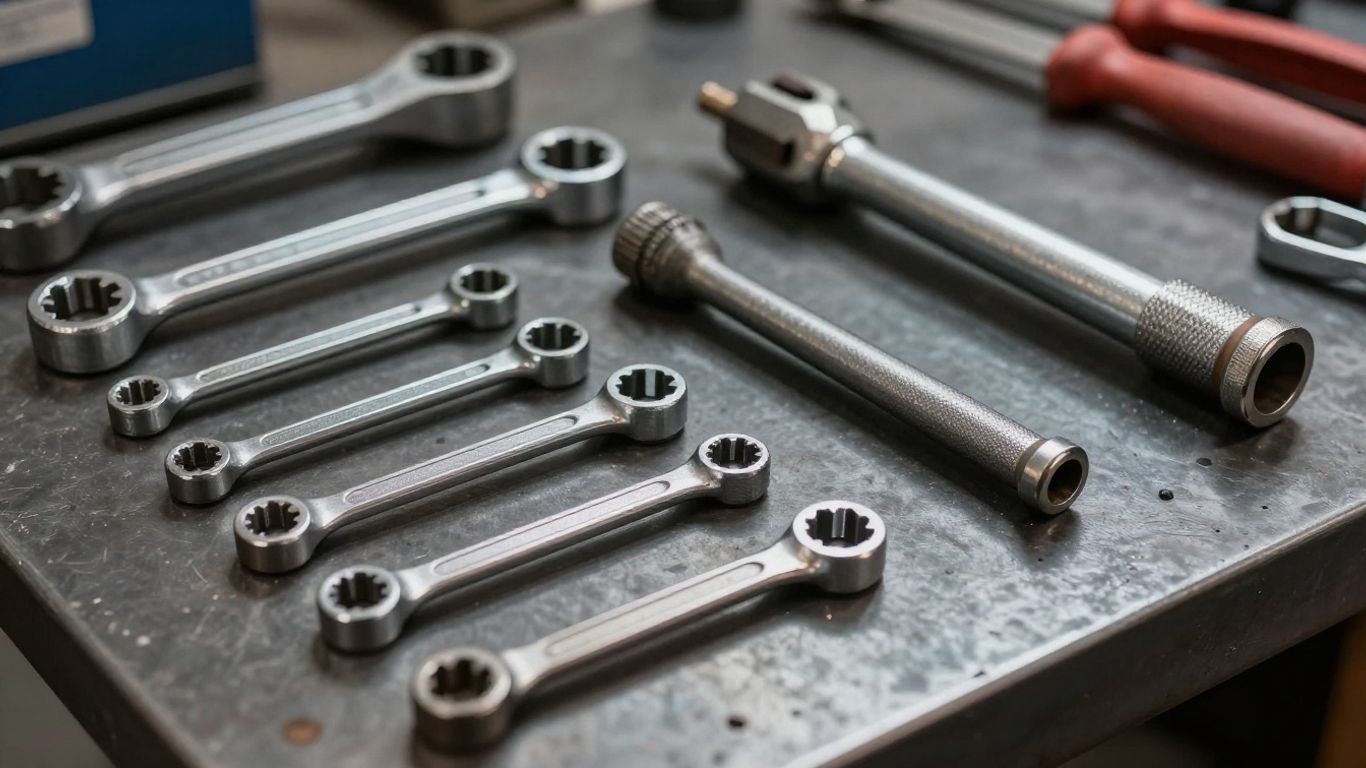 A collection of mechanic tools on a clean surface