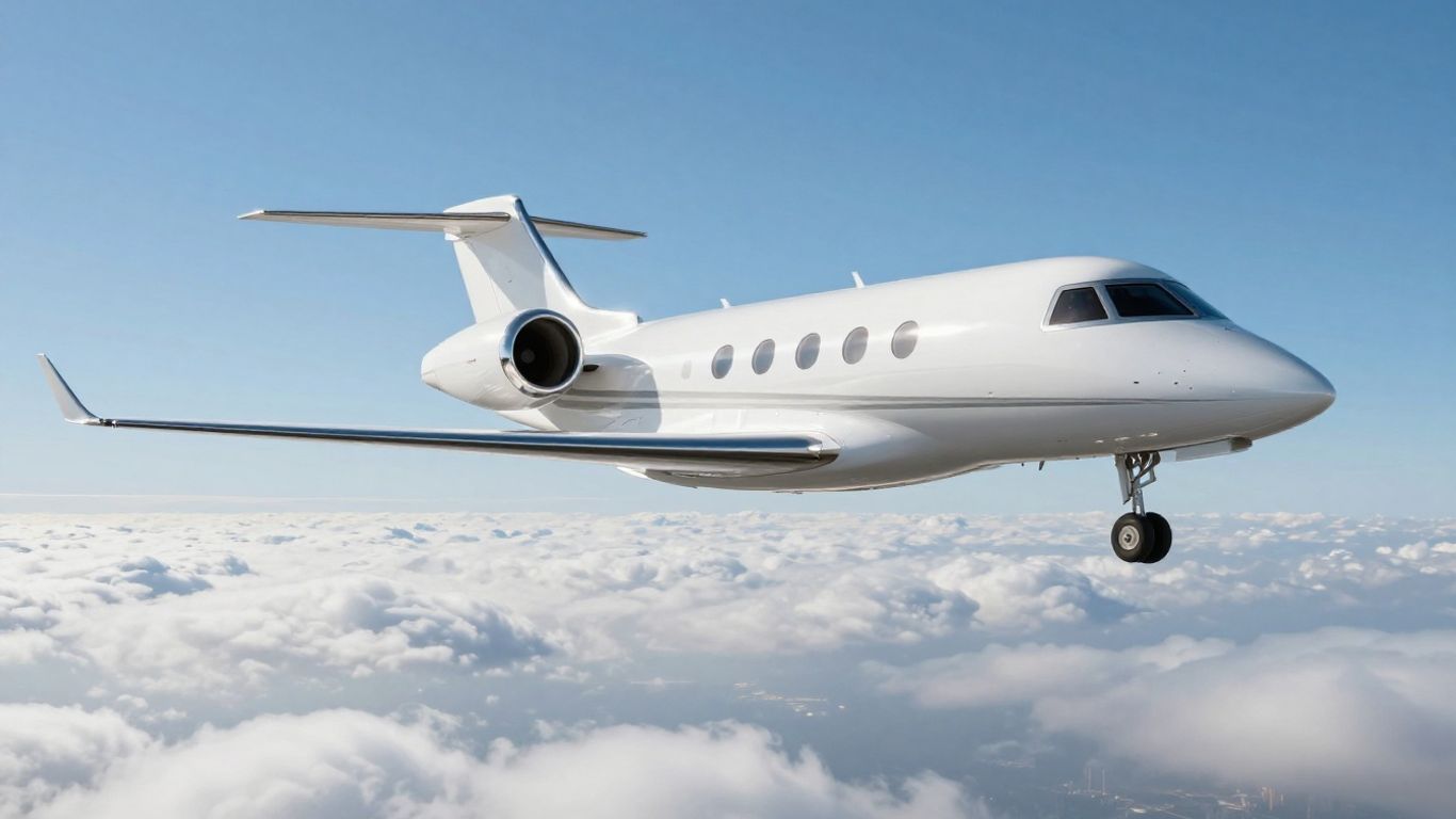 Sleek private jet flying high above clouds.