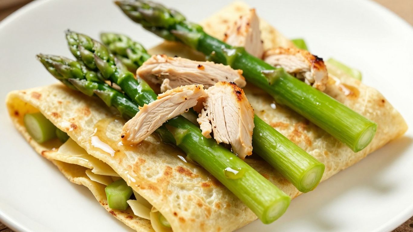 Chicken and asparagus wrap on a plate.