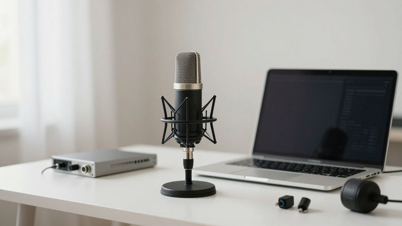 Minimalist recording studio setup with microphone and laptop.