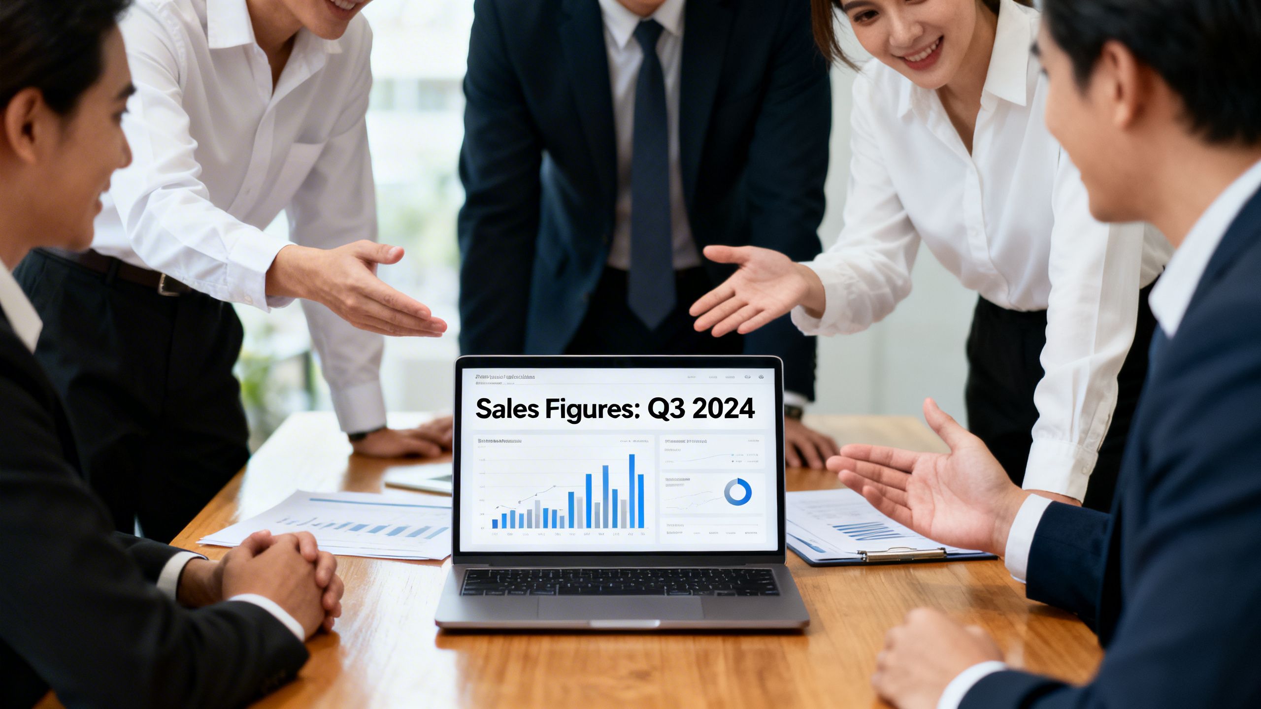 A team of professionals collaborating around a table with a laptop showing a clean project dashboard and sales figures.
