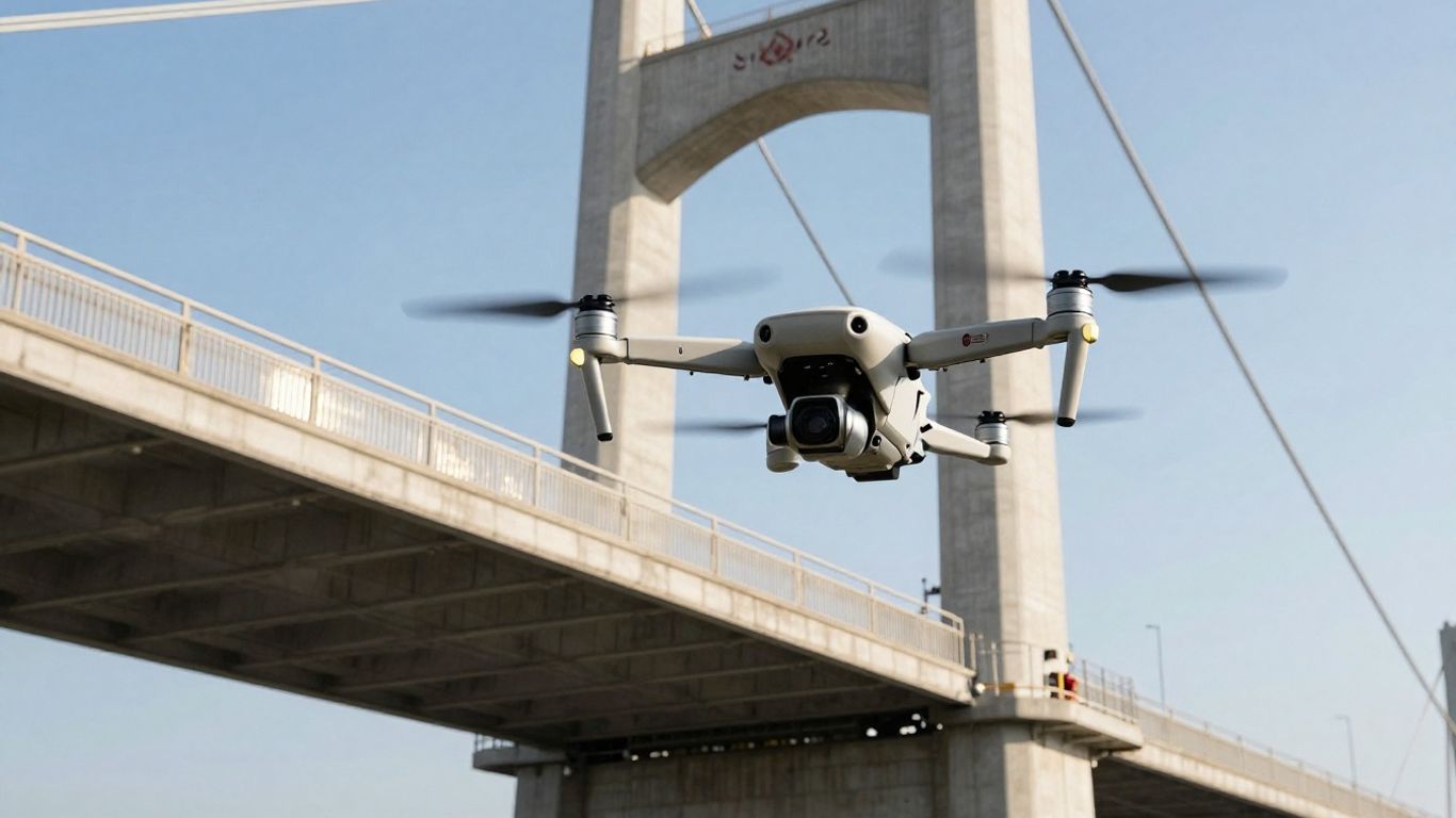 Drone inspecting a large bridge structure.