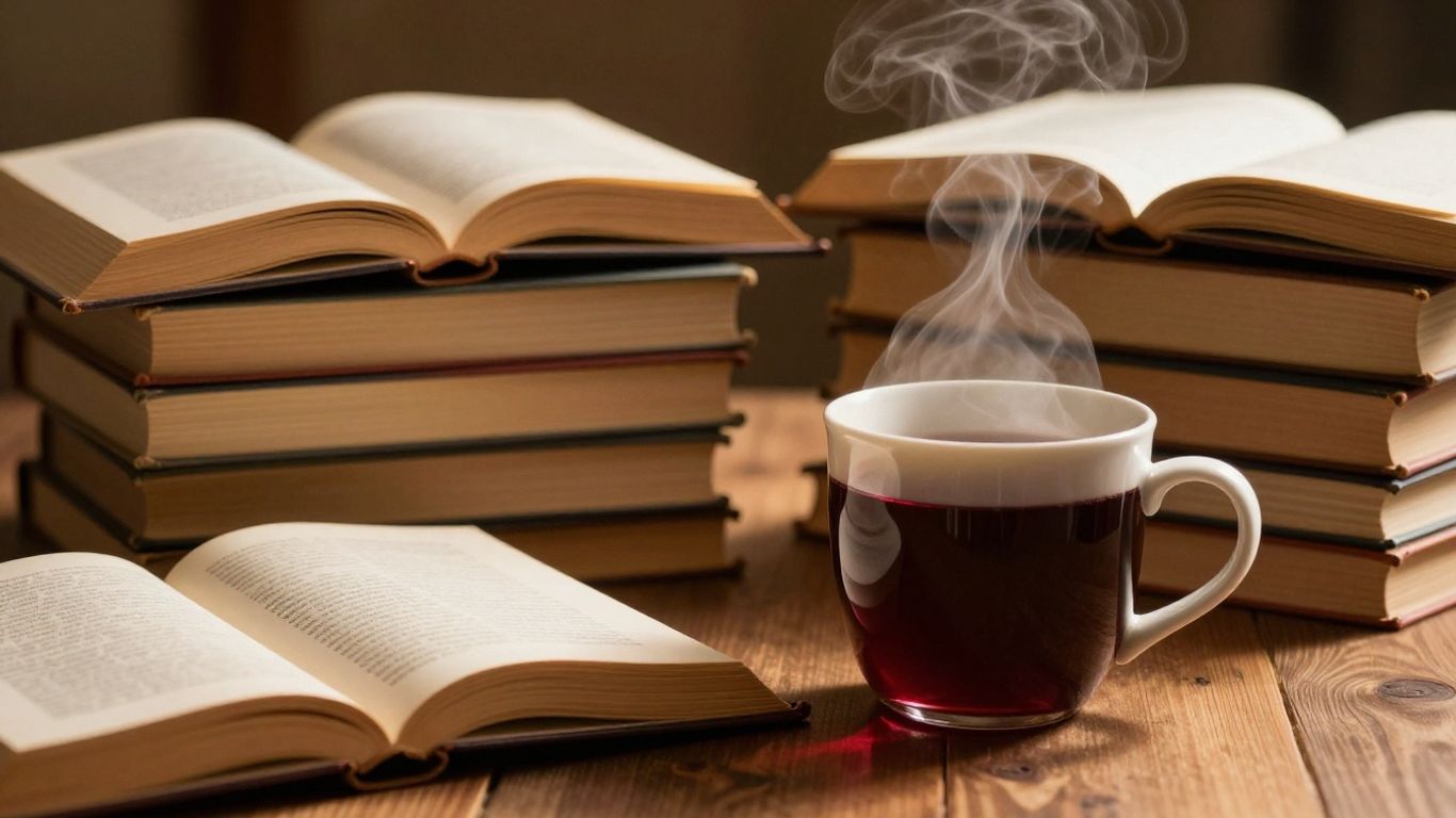 Cozy book stack with warm lighting and a steaming mug.