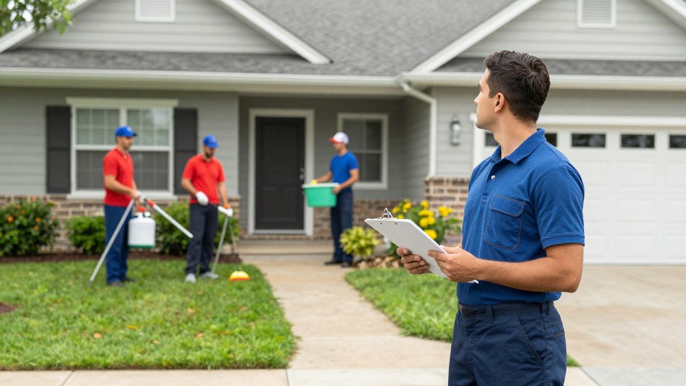 Homeowner and cleaning crew preparing for site cleanup.
