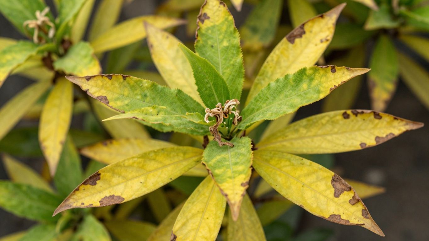 Verwelkte Pflanze mit gelben und braunen Blättern