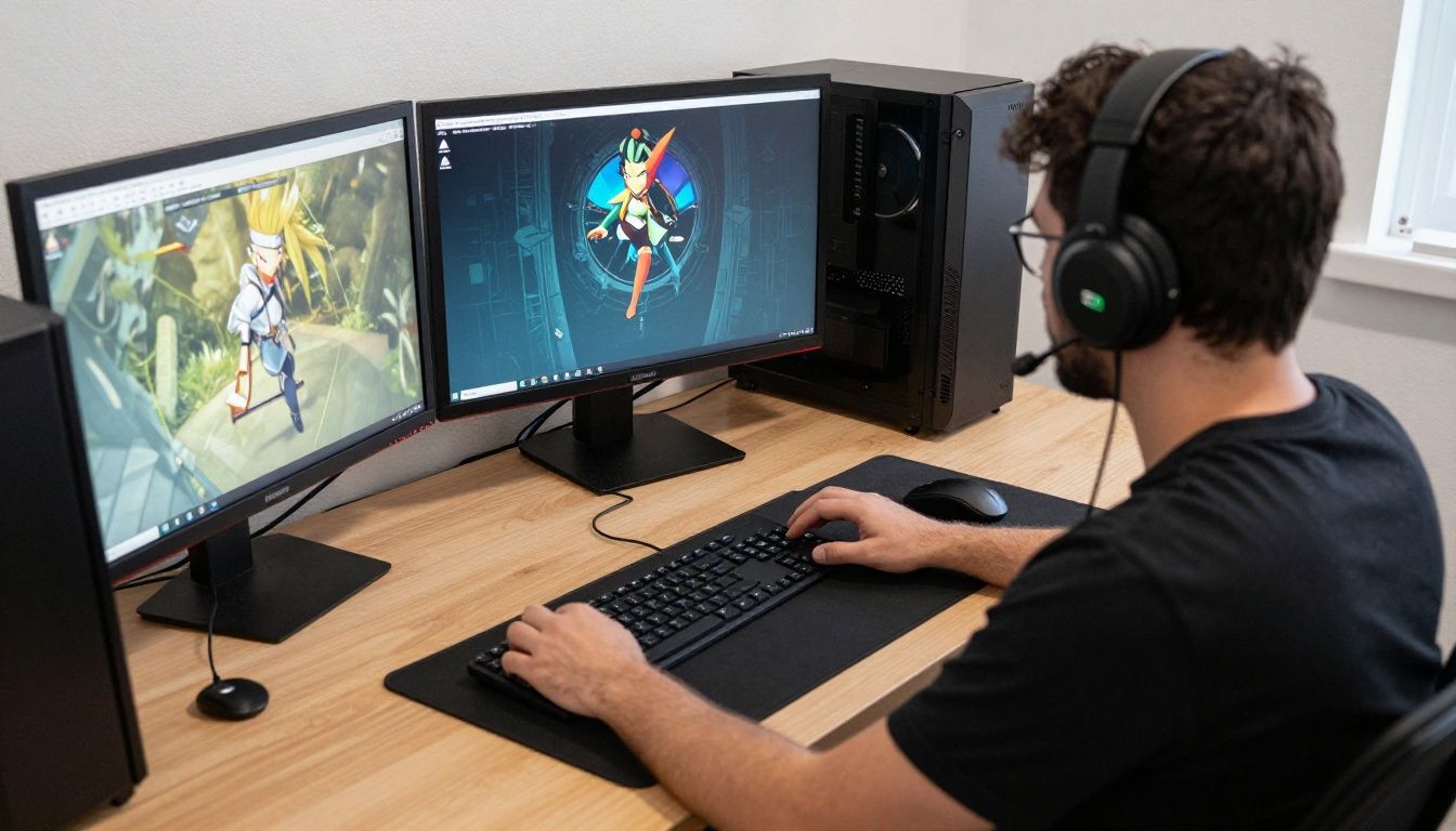 Configuração técnica sendo ajustada em um setup gamer para otimizar o desempenho do sistema operacional.