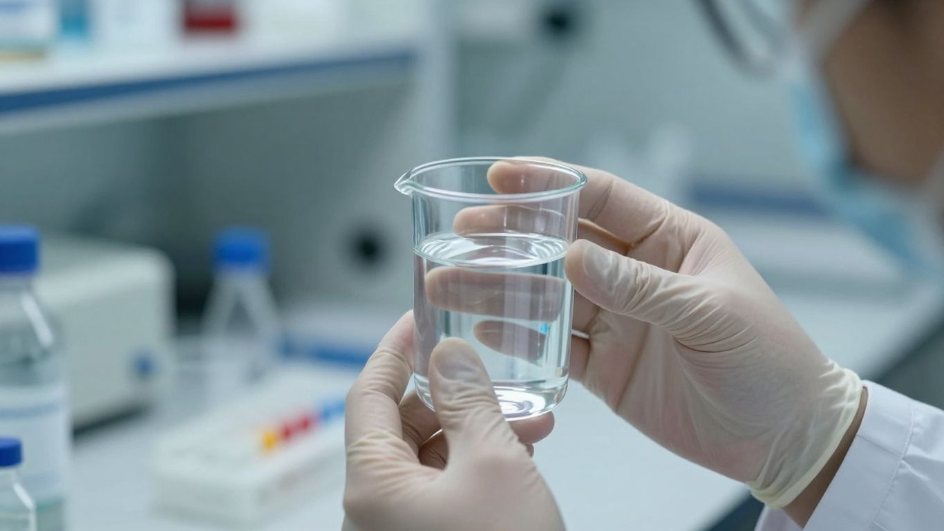 Scientist inspecting bacteriostatic water vial in a lab.
