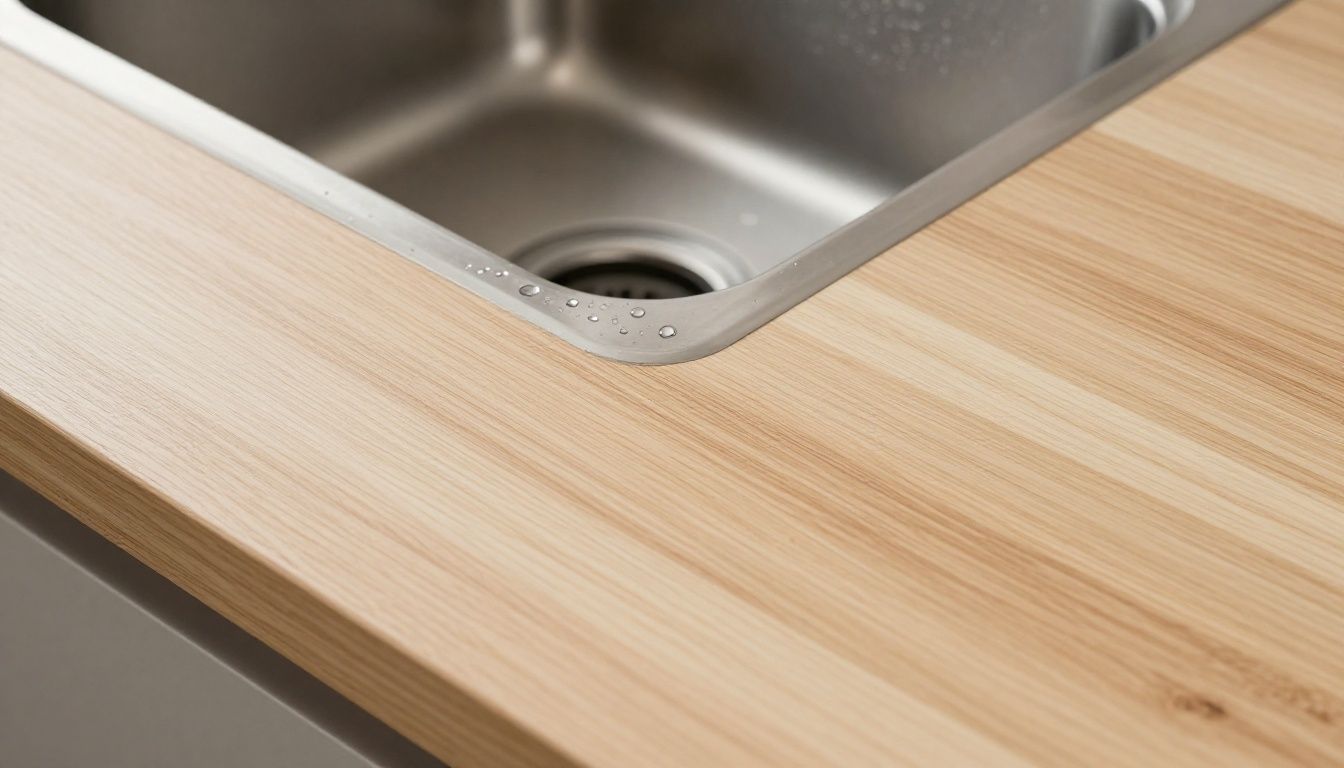 Sealed wood countertop detail around an undermount sink.