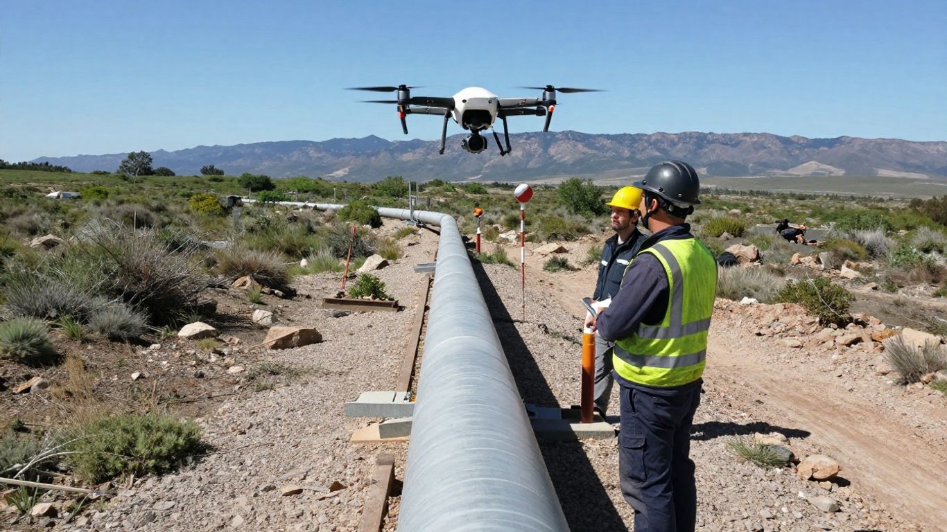 Drone inspecting industrial pipeline with engineers watching nearby