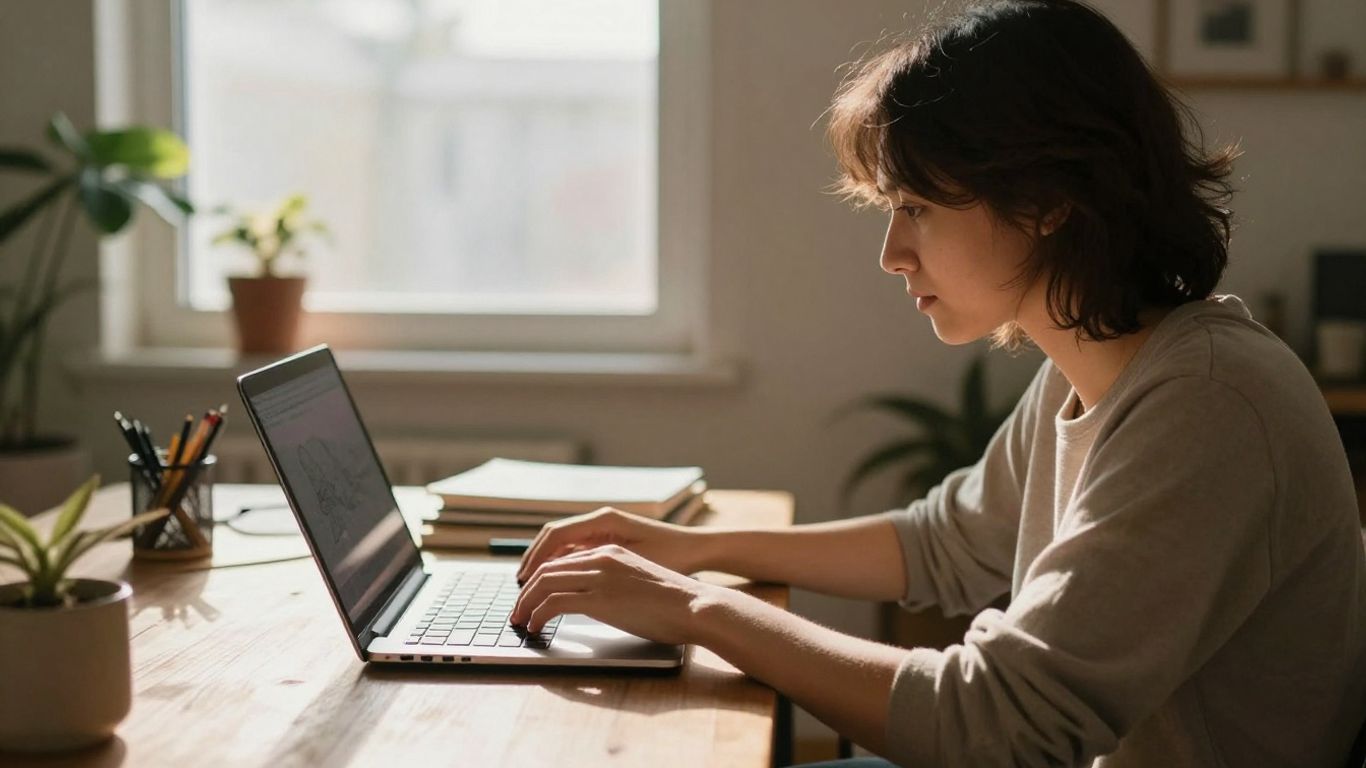 Pessoa trabalhando em casa com laptop e ambiente aconchegante.