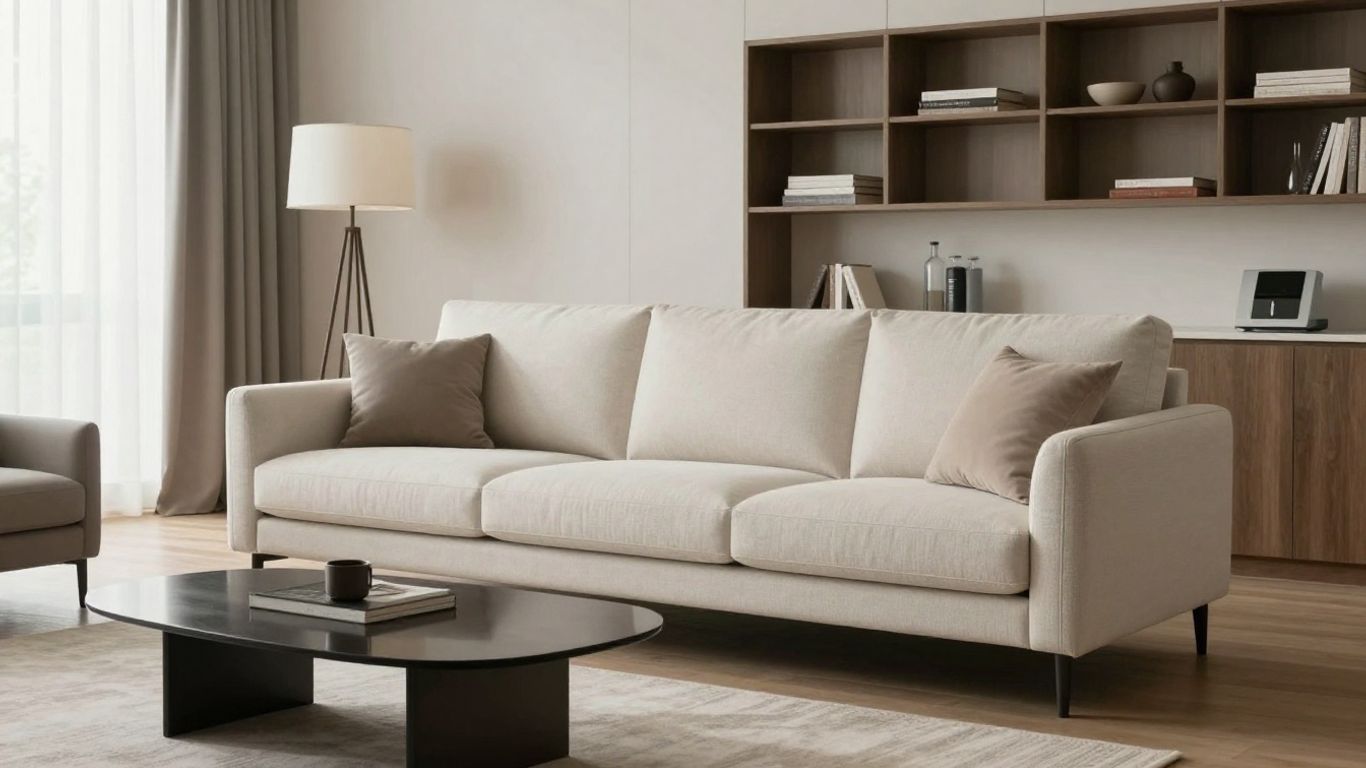 Helles Sofa in einem modernen Wohnzimmer, das den Raum größer wirken lässt.