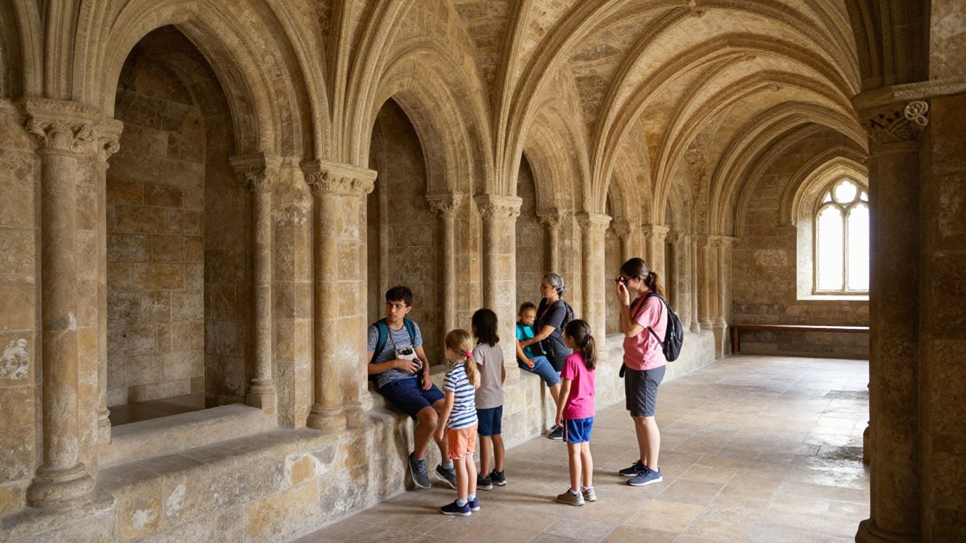 Children exploring the stone halls of the abbey