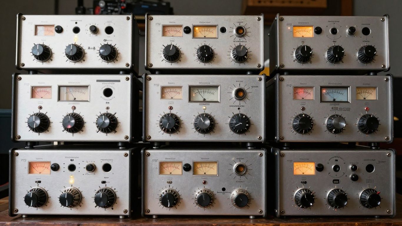 Ten analog compressors with glowing meters and knobs.