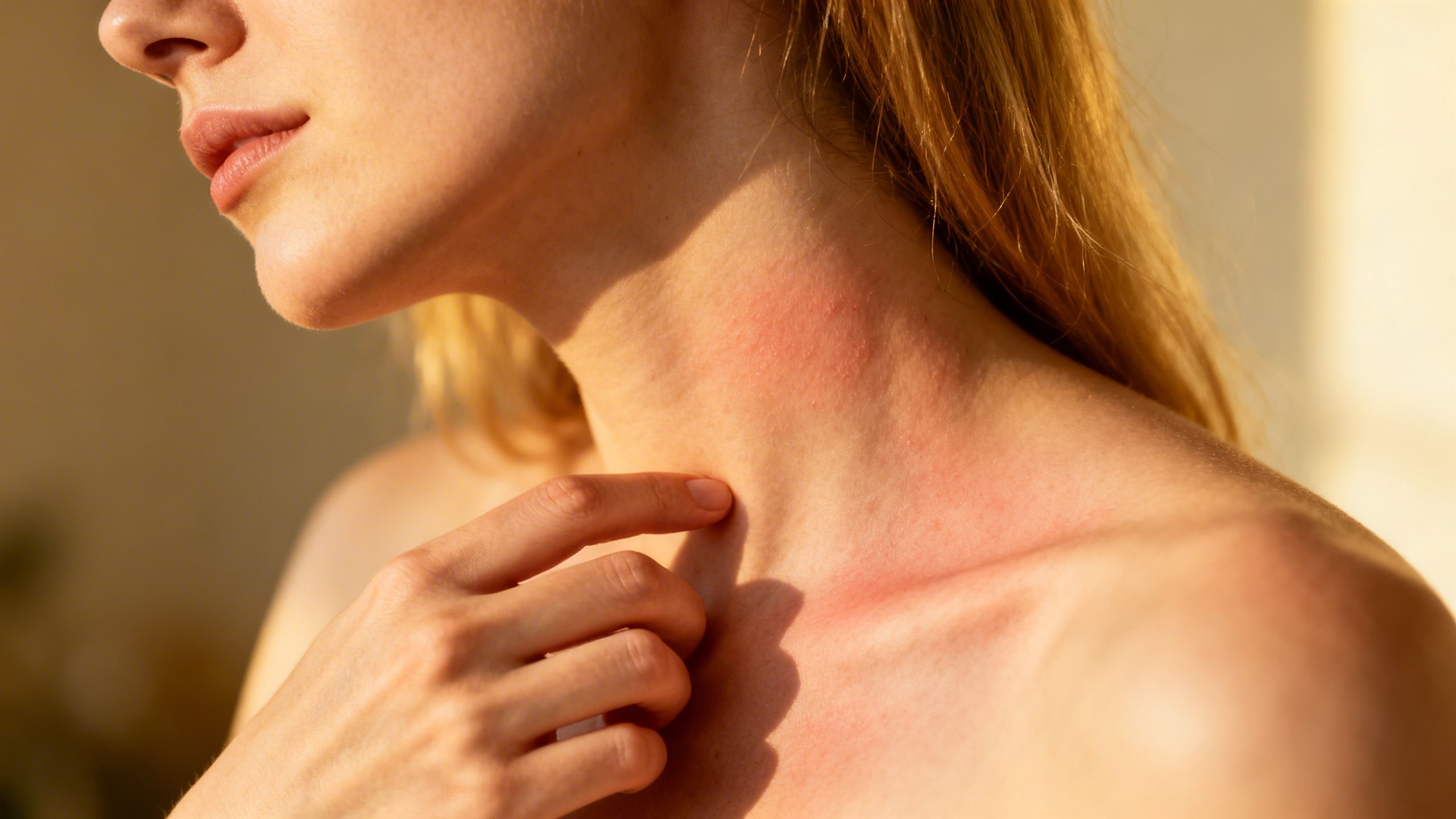 Woman scratching an itchy rash on her neck.