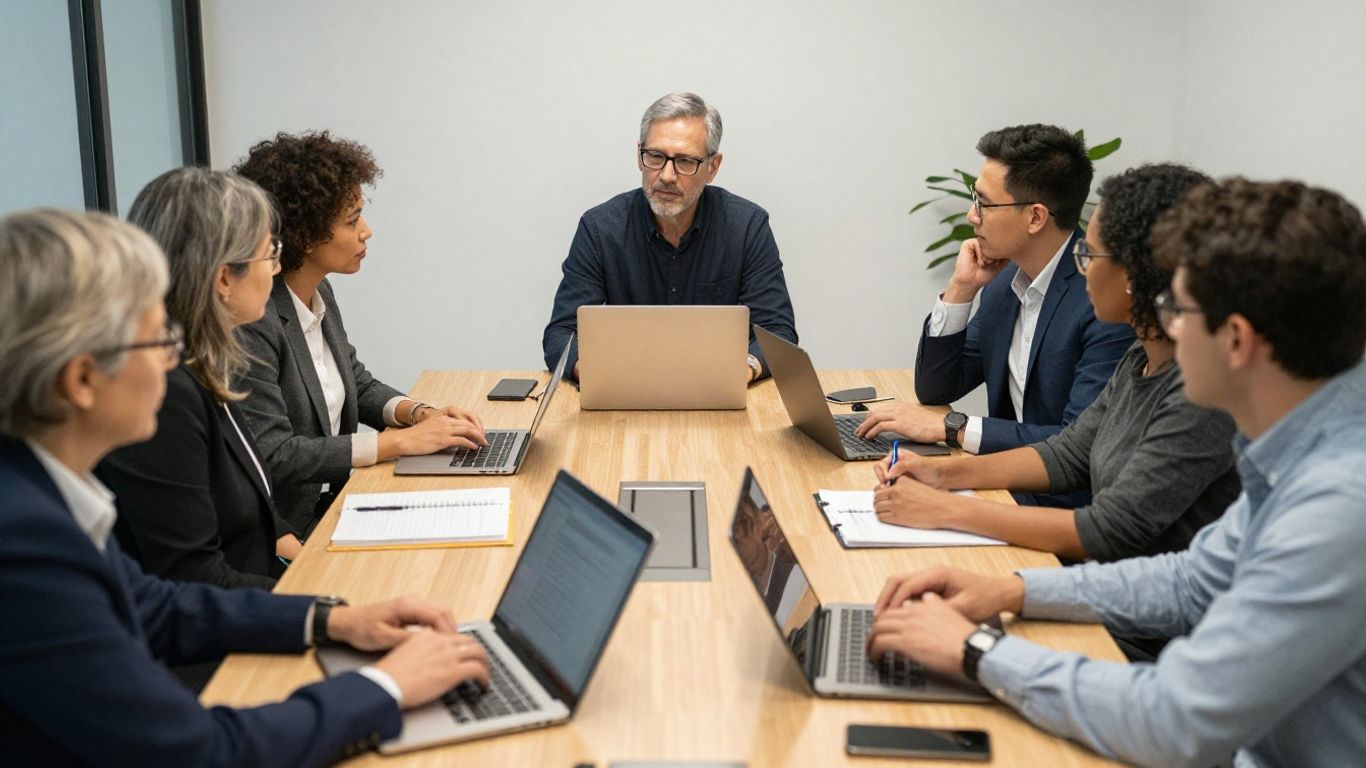 Diverse global team collaborating around meeting table