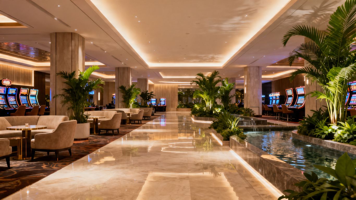 Casino interior with plants and soft lighting.