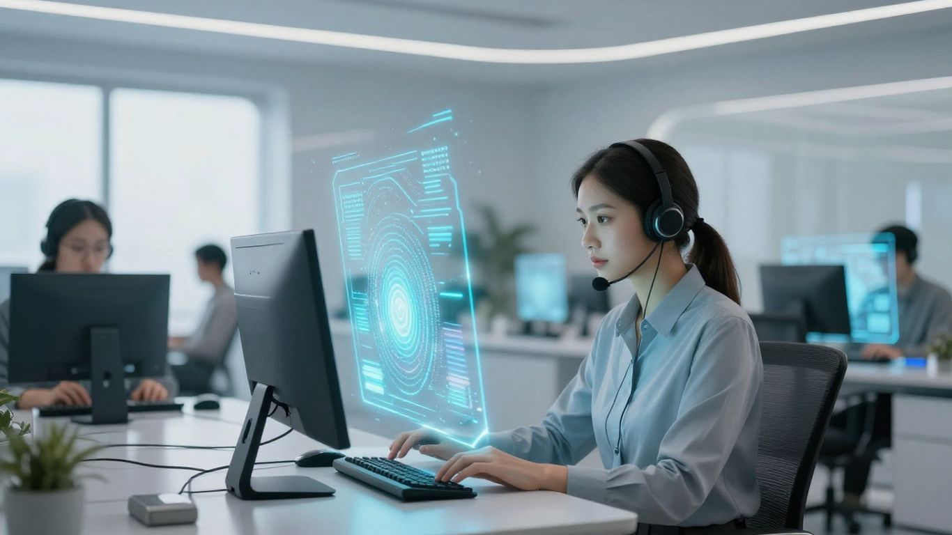 AI assisting a call center agent with futuristic interfaces.