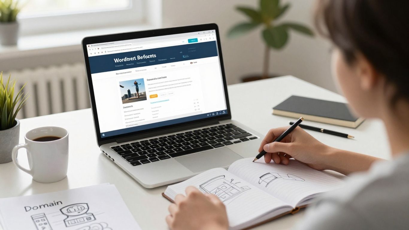 Laptop showing a WordPress dashboard beside setup notes