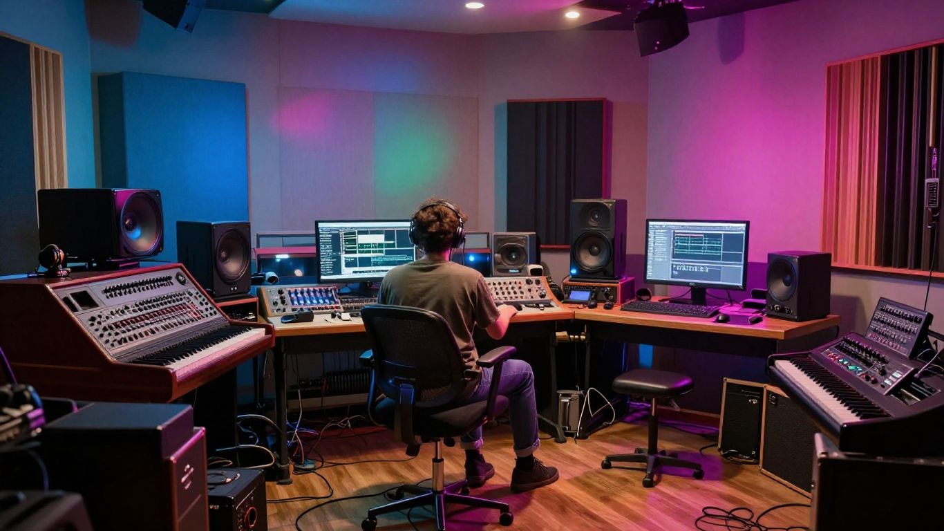 Music studio with instruments and colorful lighting.