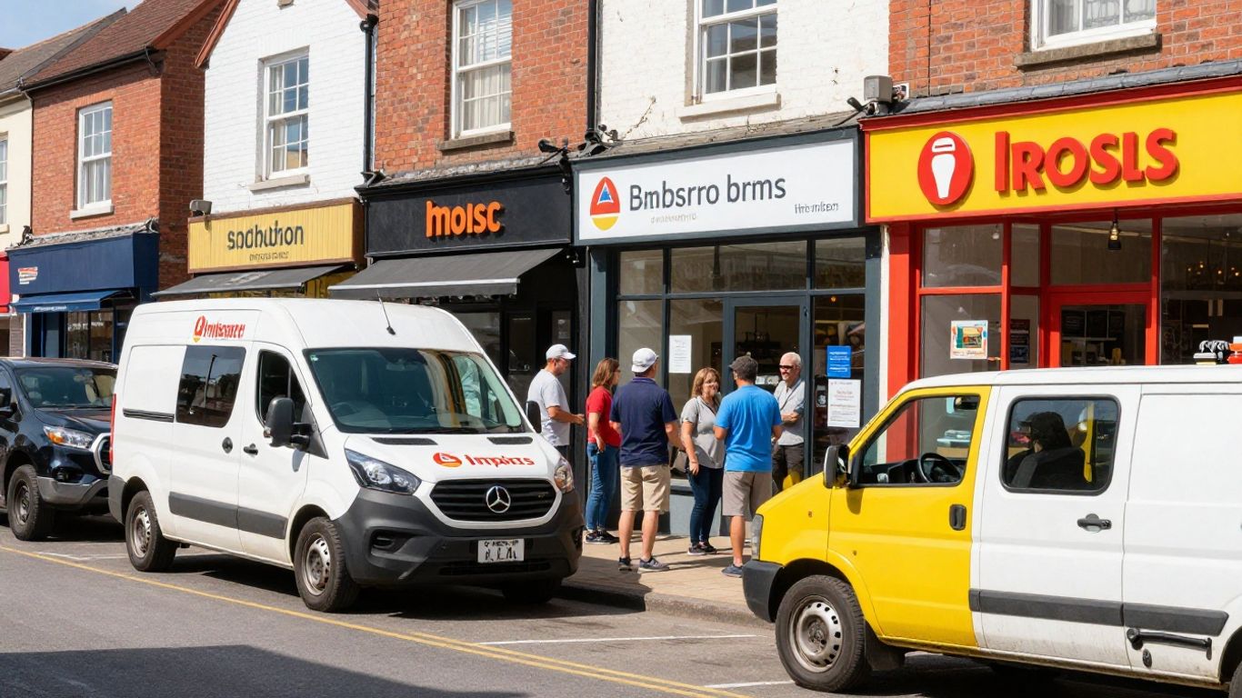 Local business street with service vehicles and happy people.