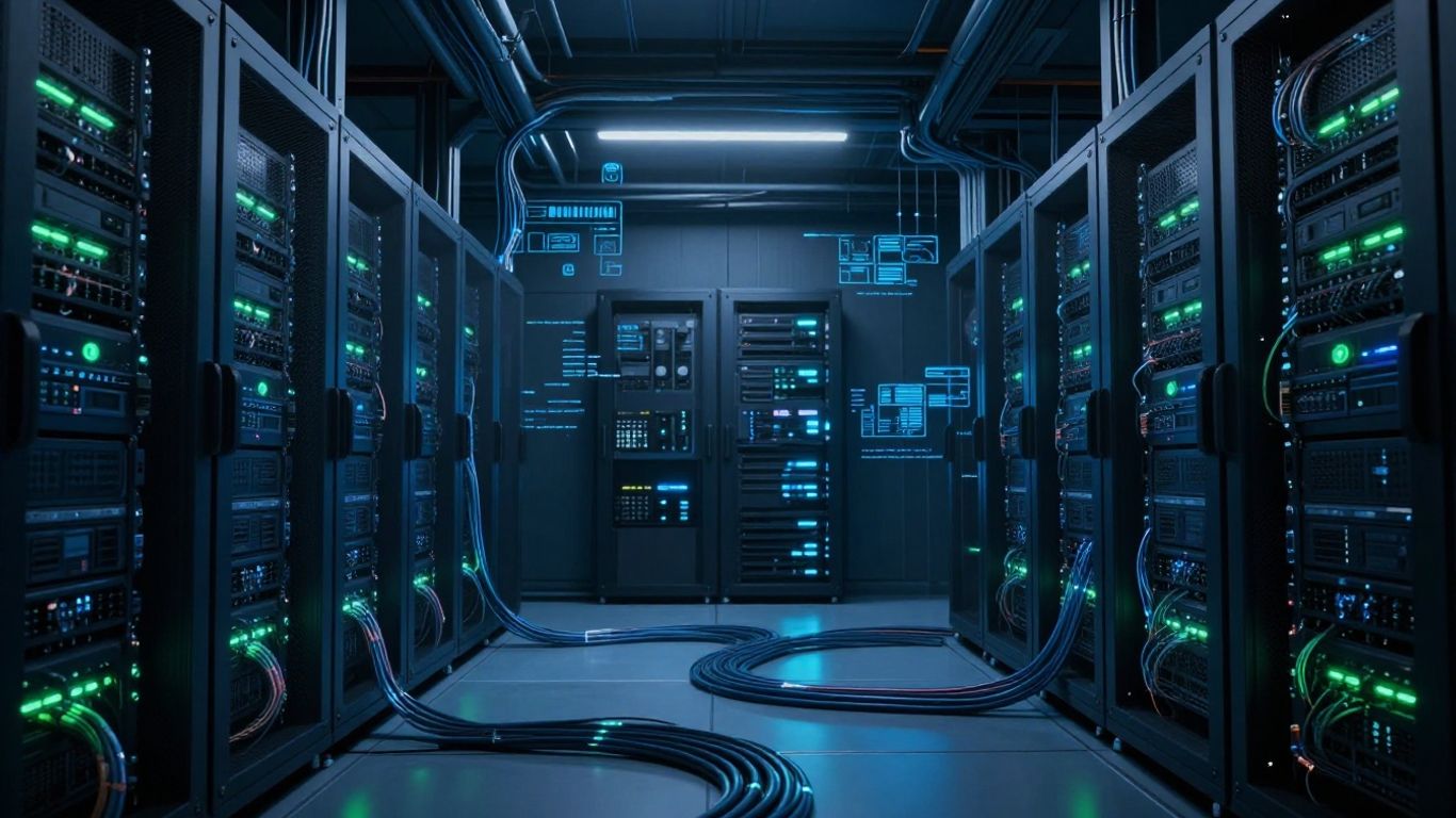 AI monitoring infrastructure with glowing lights and cables.