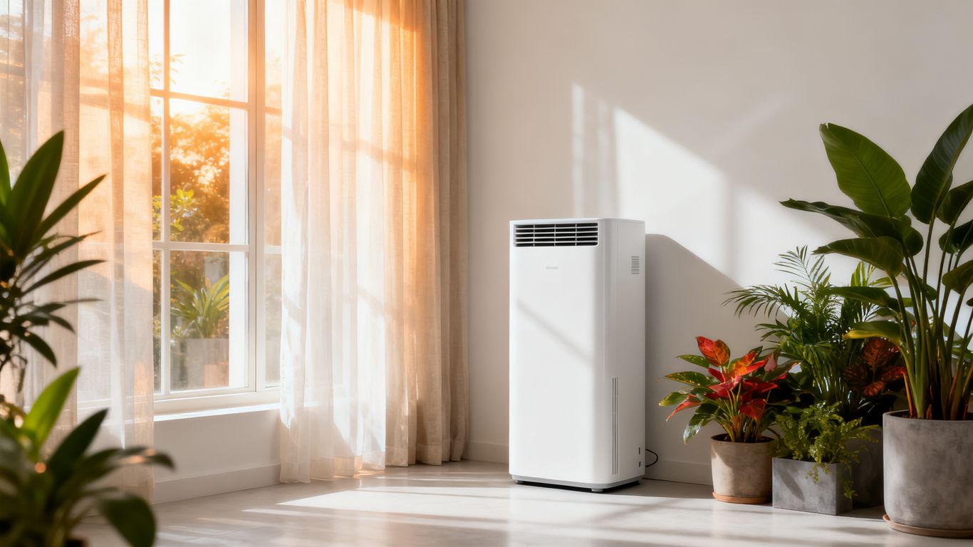 A modern apartment living room with humidity control device