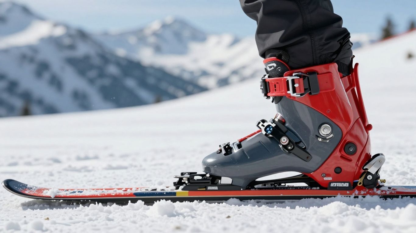 Close-up of a ski boot in a red quick-release binding.