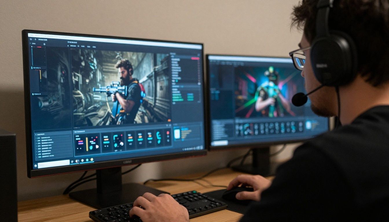 Um jogador de videogame concentrado em um monitor de alta performance com a interface de um shooter tático em destaque, capturando a essência da competição