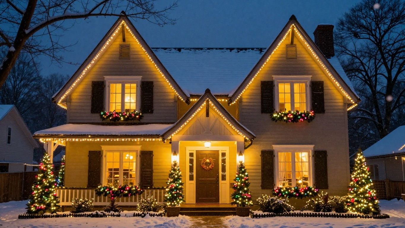 Festive house with permanent Christmas lights at night.