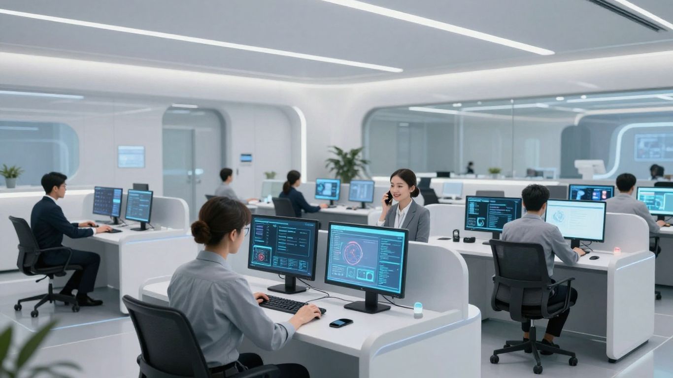 Futuristic call center with holographic interfaces and happy agents.