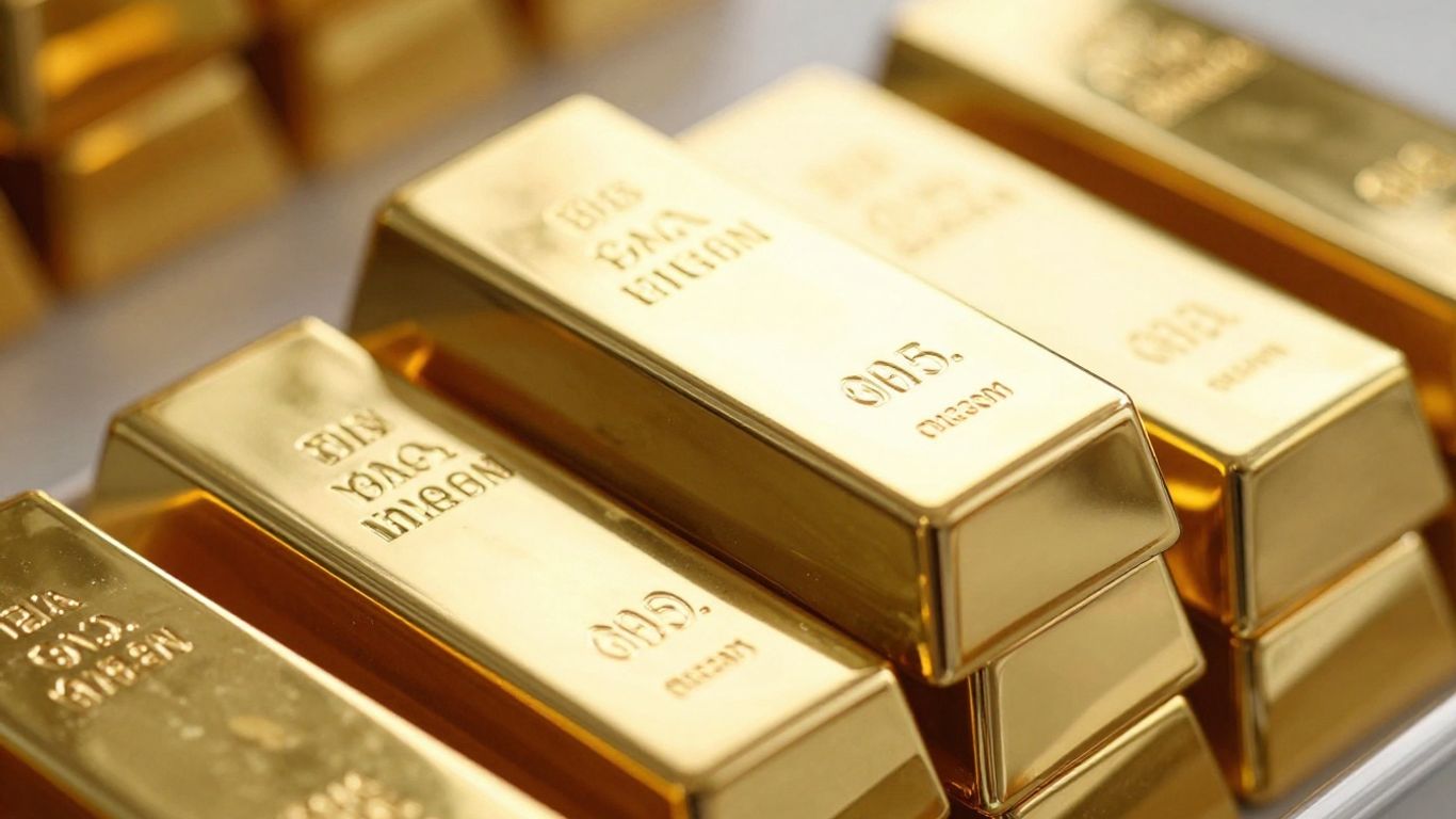Gold bars stacked in a vault, gleaming.
