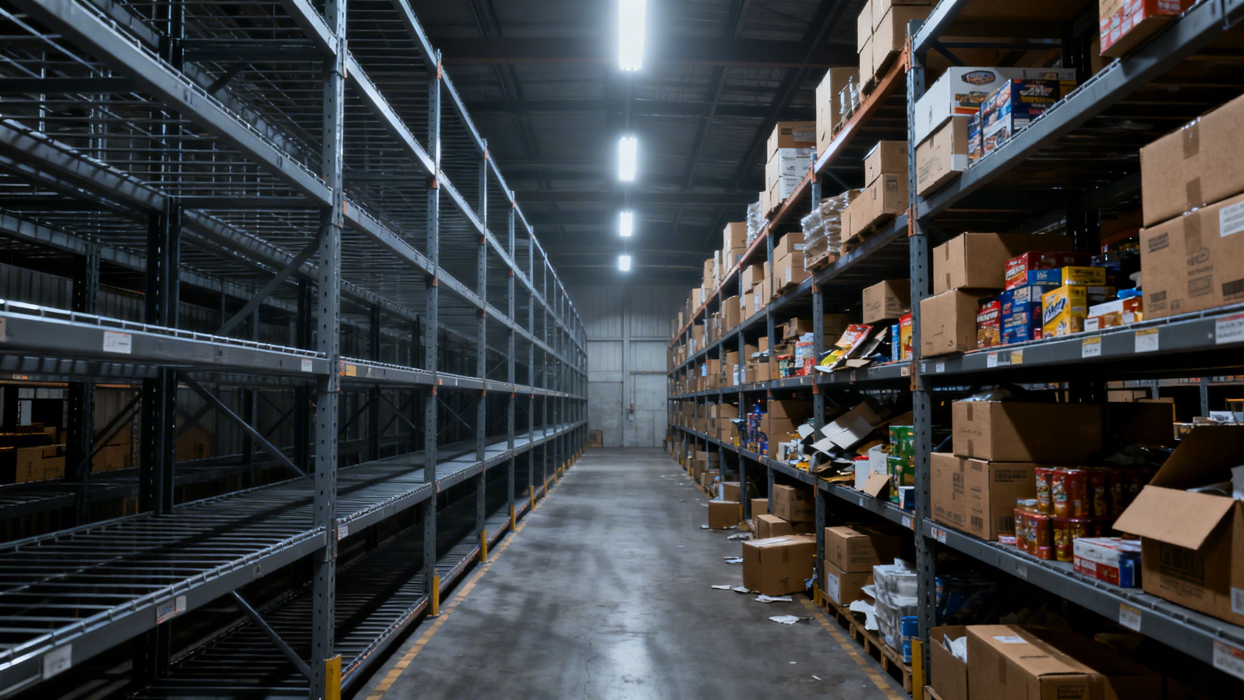 A warehouse aisle with some shelves completely empty and others overflowing, representing inventory mismanagement caused by a misaligned AI.