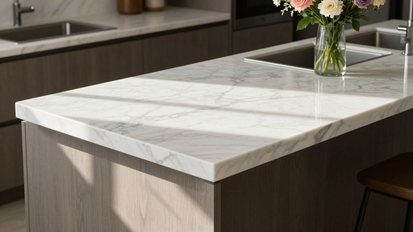 Elegant kitchen with a white marble worktop.
