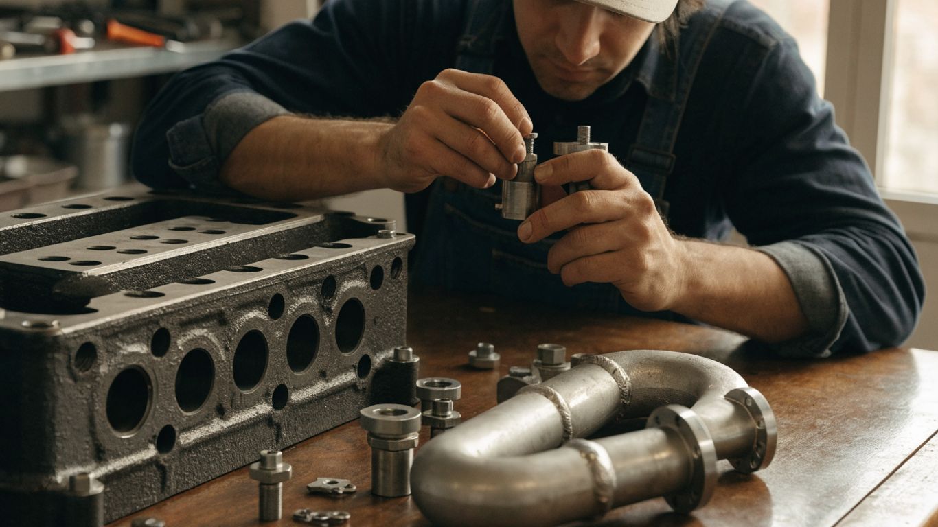Technician inspecting engine components on a workbench