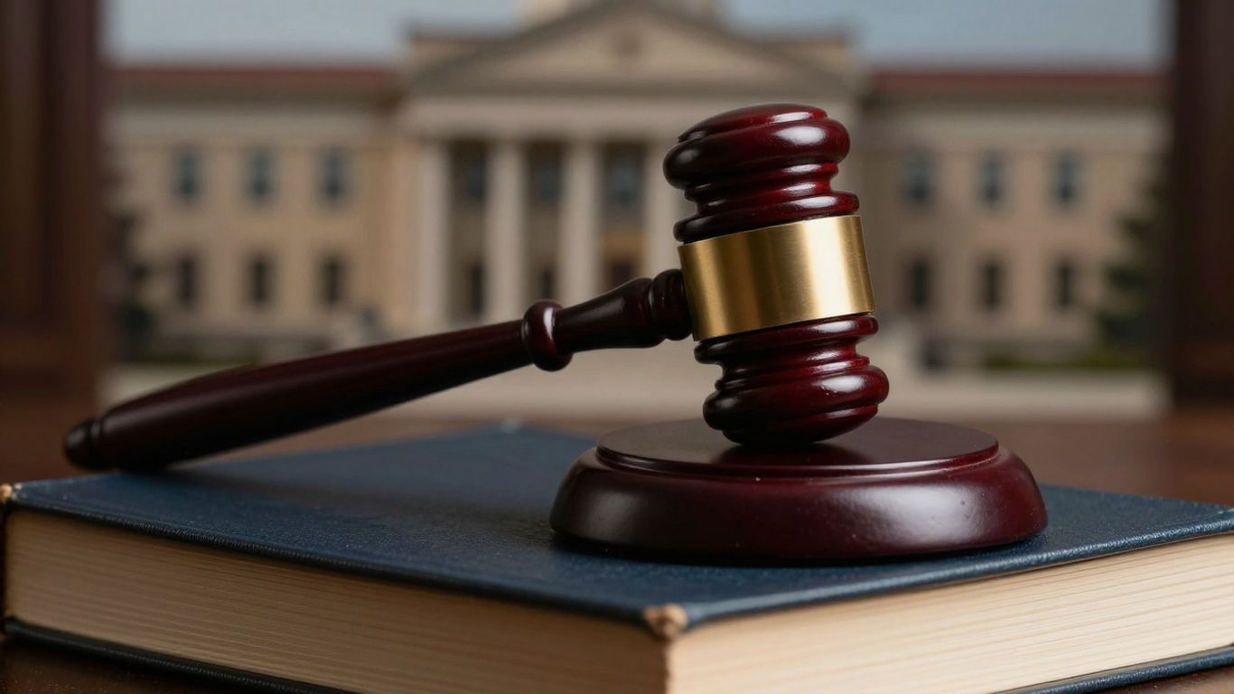 Gavel on legal books near courthouse